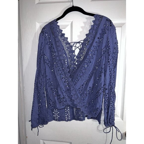 BARDOT Cotton Eyelet Embroidered Open Back Front Tie Long Sleeve Blouse - Picture 8 of 13